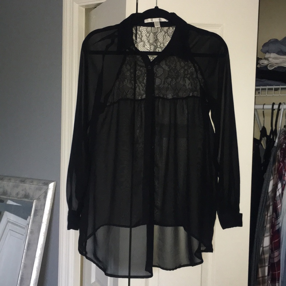 Lauren Conrad Sheer Black Button Up Blouse